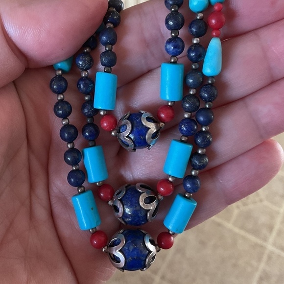 vintage multi strand necklace Lapis lazuli/Turquose/ Red coral - Picture 3 of 9
